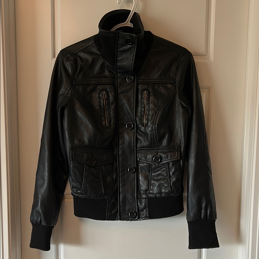 Miss London Black Faux Leather Jacket Fitted Moto Style